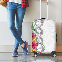 Hawaii DNA Kakau Tattoo Luggage Cover with Plumeria and Hibiscus Tropical Plants White Color