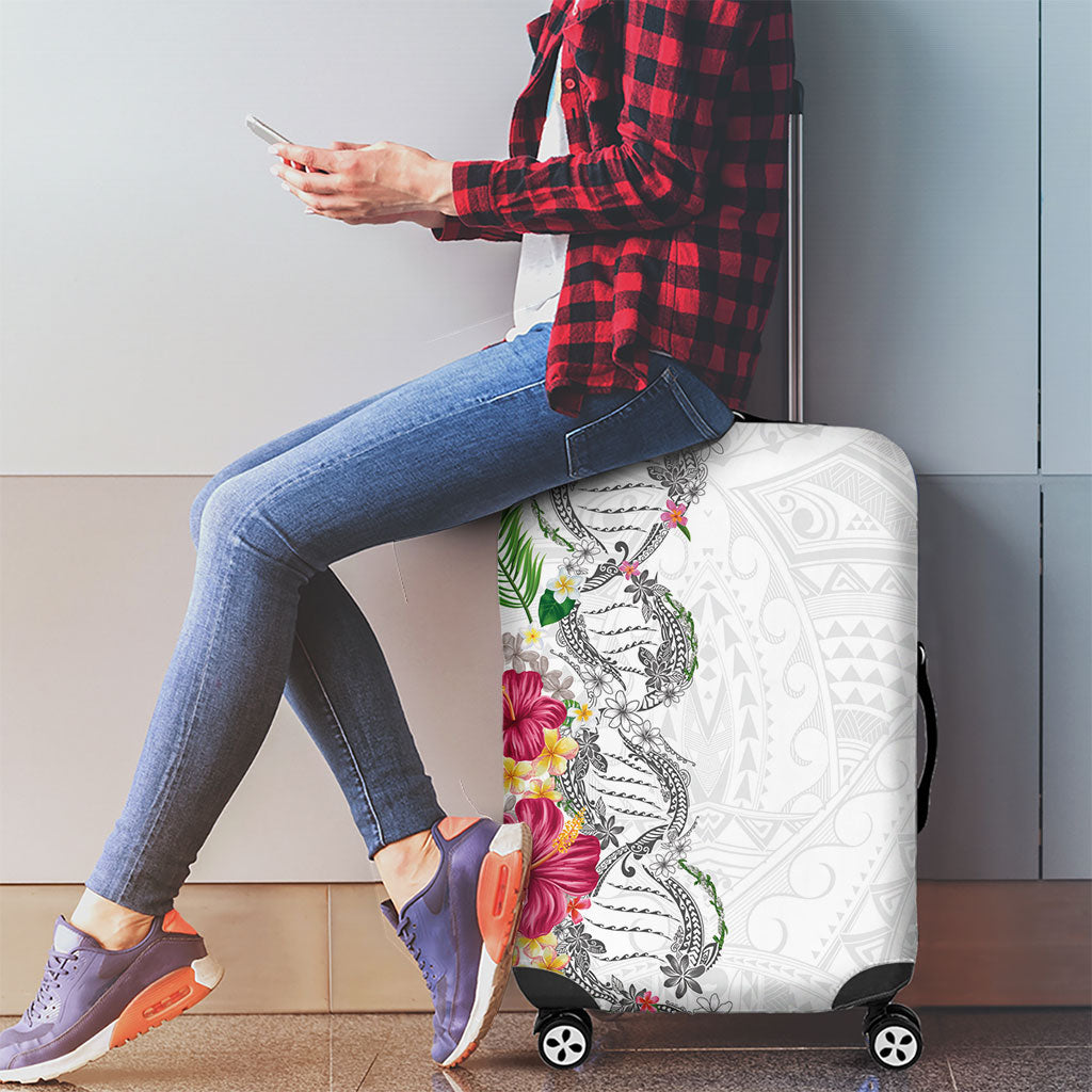 Hawaii DNA Kakau Tattoo Luggage Cover with Plumeria and Hibiscus Tropical Plants White Color