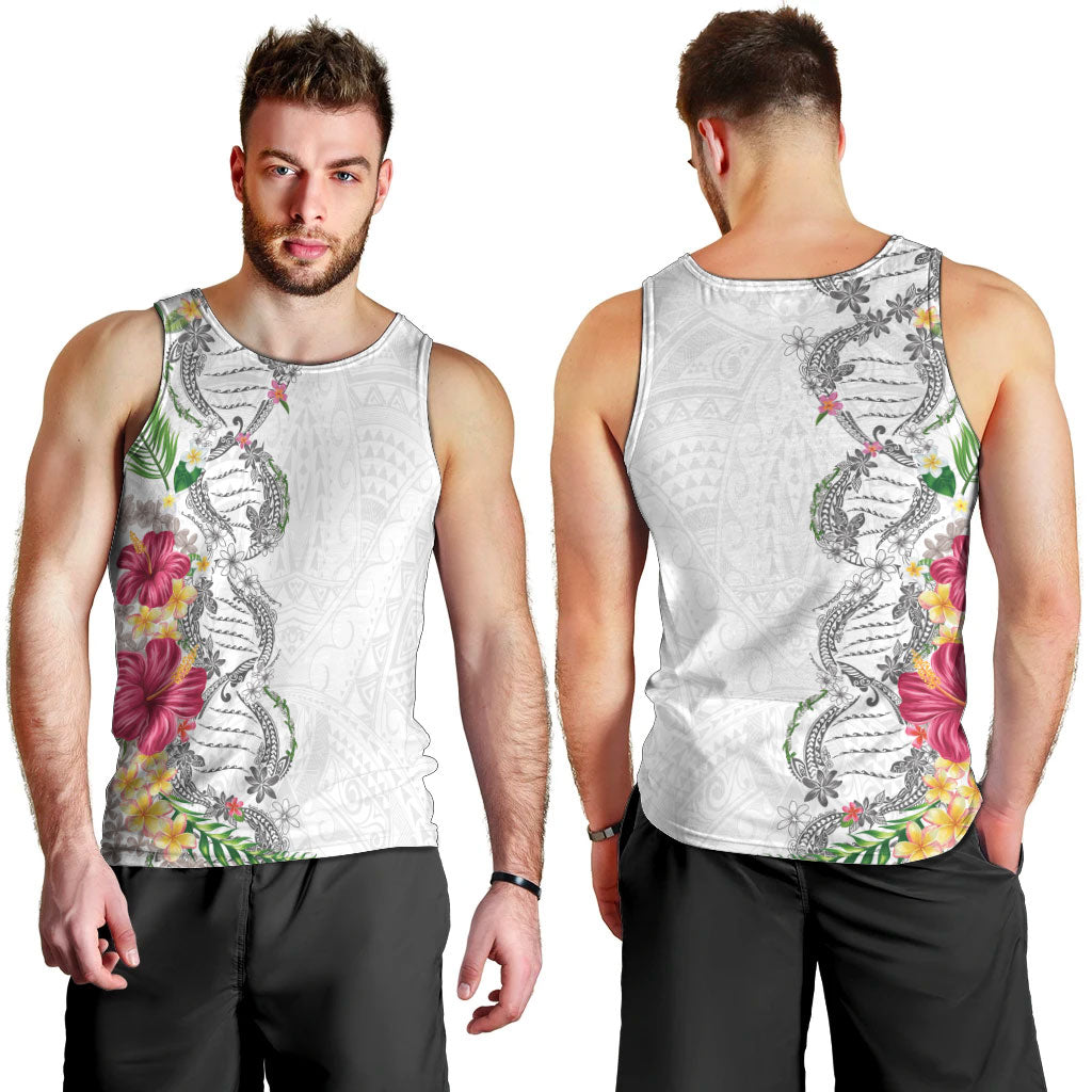Hawaii DNA Kakau Tattoo Men Tank Top with Plumeria and Hibiscus Tropical Plants White Color
