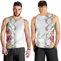 Hawaii DNA Kakau Tattoo Men Tank Top with Plumeria and Hibiscus Tropical Plants White Color
