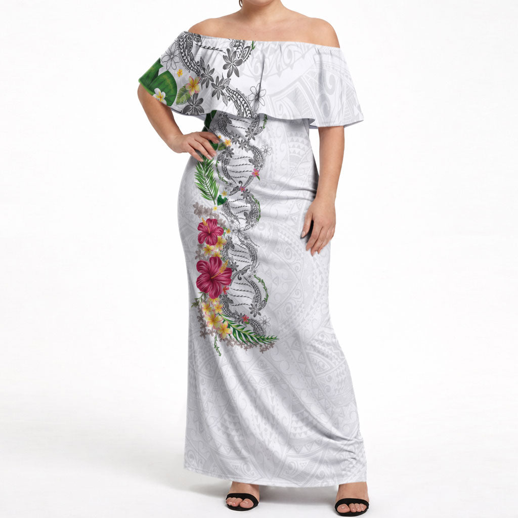 Hawaii DNA Kakau Tattoo Off Shoulder Maxi Dress with Plumeria and Hibiscus Tropical Plants White Color