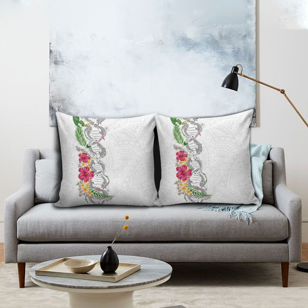 Hawaii DNA Kakau Tattoo Pillow Cover with Plumeria and Hibiscus Tropical Plants White Color