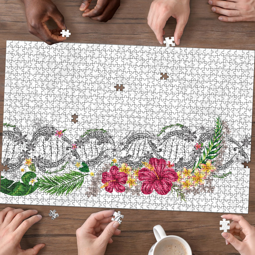 Hawaii DNA Kakau Tattoo Puzzle with Plumeria and Hibiscus Tropical Plants White Color