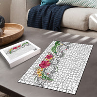 Hawaii DNA Kakau Tattoo Puzzle with Plumeria and Hibiscus Tropical Plants White Color