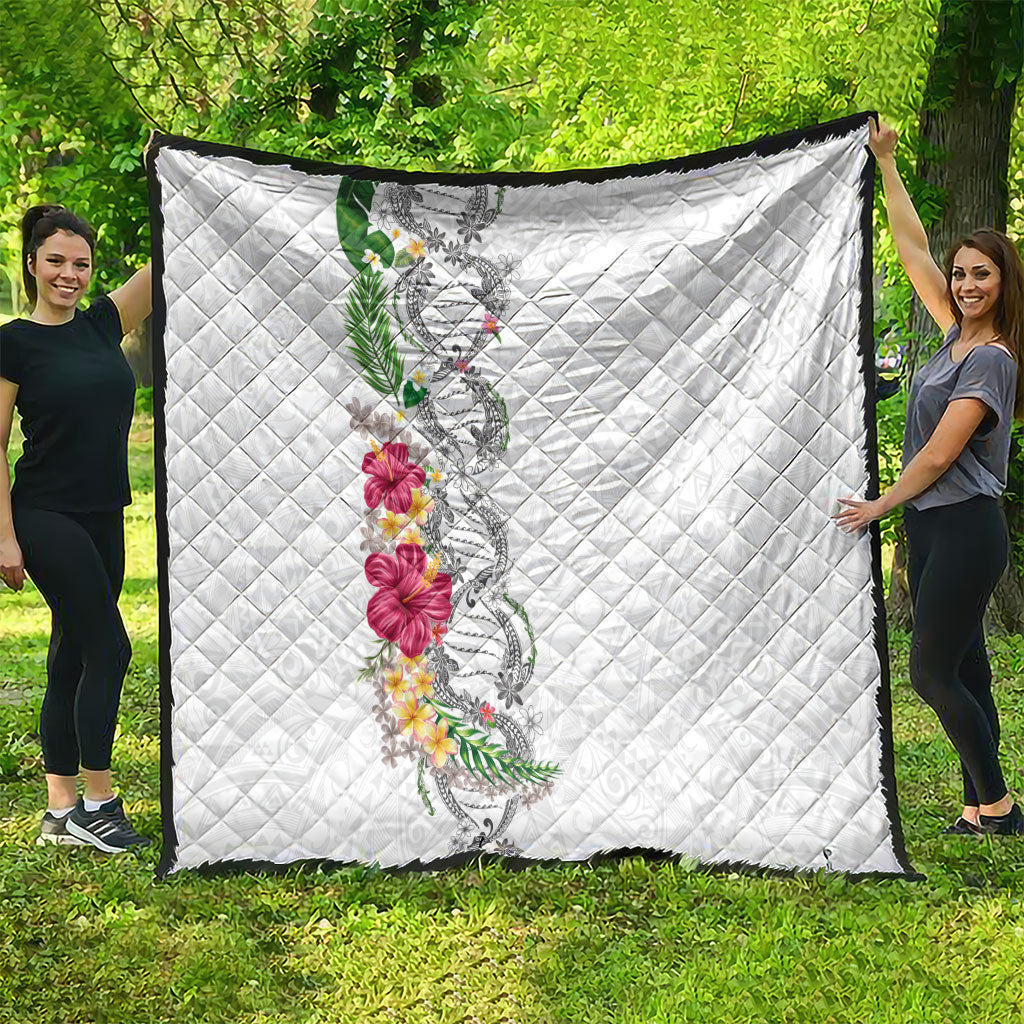 Hawaii DNA Kakau Tattoo Quilt with Plumeria and Hibiscus Tropical Plants White Color