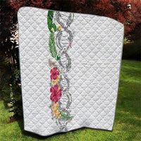Hawaii DNA Kakau Tattoo Quilt with Plumeria and Hibiscus Tropical Plants White Color