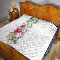 Hawaii DNA Kakau Tattoo Quilt with Plumeria and Hibiscus Tropical Plants White Color