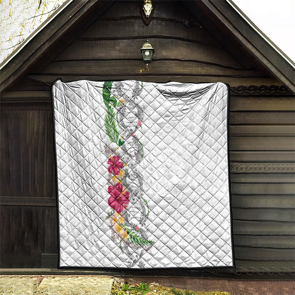 Hawaii DNA Kakau Tattoo Quilt with Plumeria and Hibiscus Tropical Plants White Color