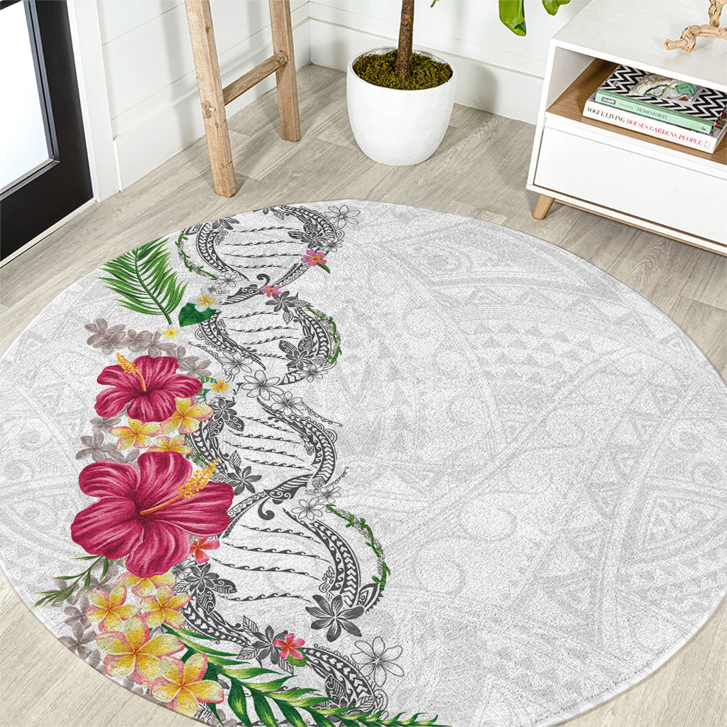 Hawaii DNA Kakau Tattoo Round Carpet with Plumeria and Hibiscus Tropical Plants White Color