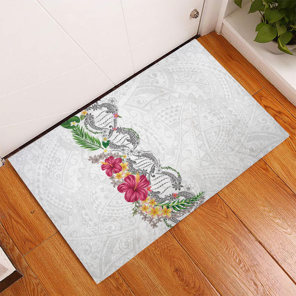 Hawaii DNA Kakau Tattoo Rubber Doormat with Plumeria and Hibiscus Tropical Plants White Color
