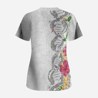 Hawaii DNA Kakau Tattoo Scrub Top with Plumeria and Hibiscus Tropical Plants White Color