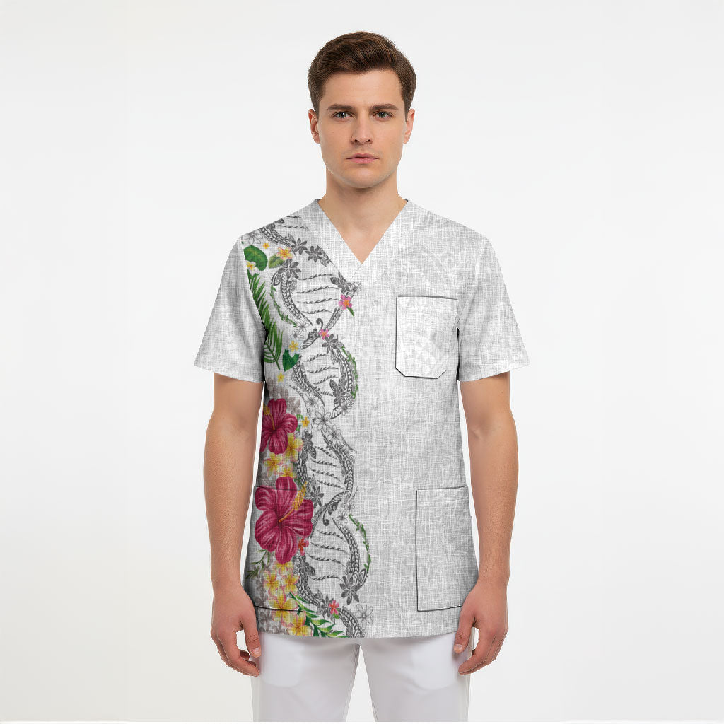 Hawaii DNA Kakau Tattoo Scrub Top with Plumeria and Hibiscus Tropical Plants White Color