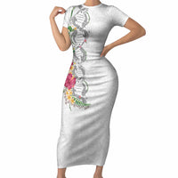 Hawaii DNA Kakau Tattoo Short Sleeve Bodycon Dress with Plumeria and Hibiscus Tropical Plants White Color