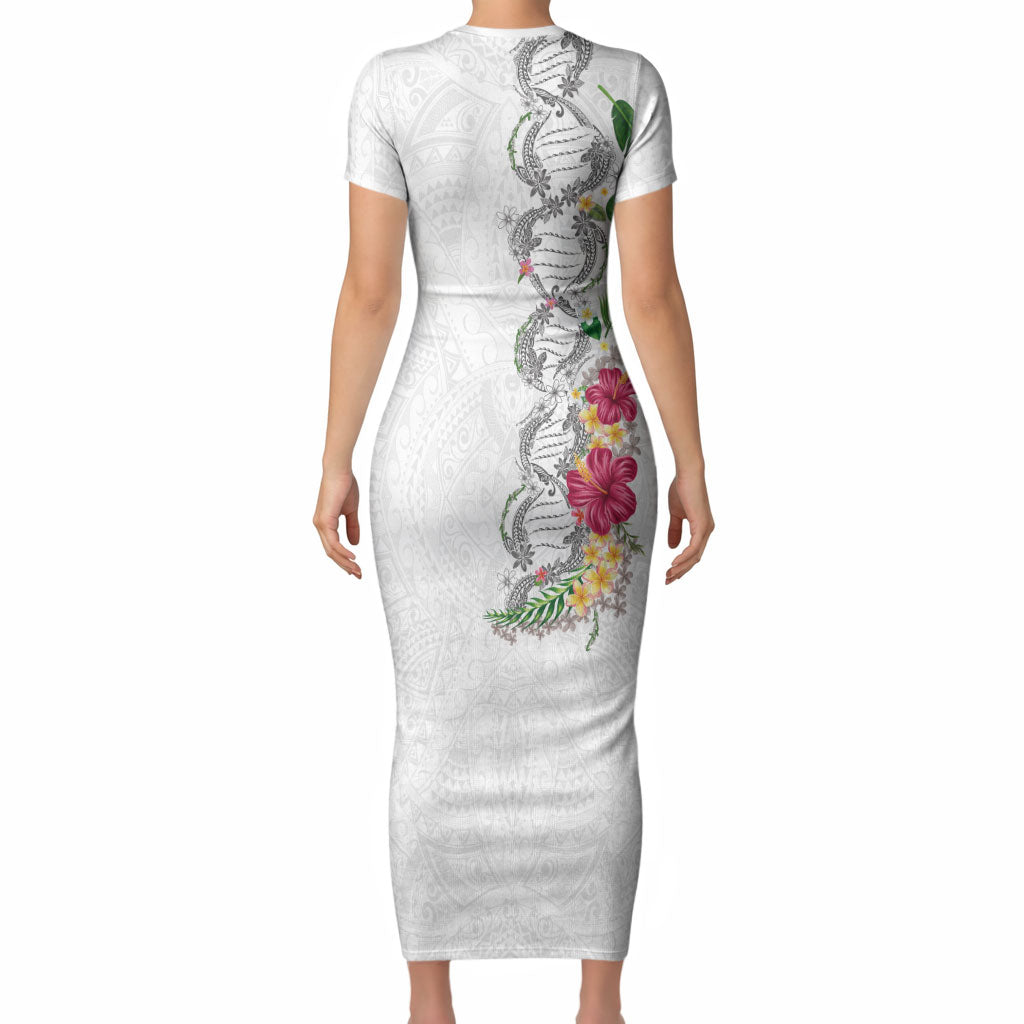 Hawaii DNA Kakau Tattoo Short Sleeve Bodycon Dress with Plumeria and Hibiscus Tropical Plants White Color