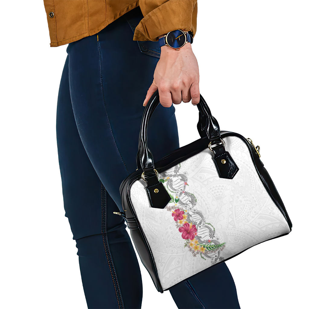 Hawaii DNA Kakau Tattoo Shoulder Handbag with Plumeria and Hibiscus Tropical Plants White Color