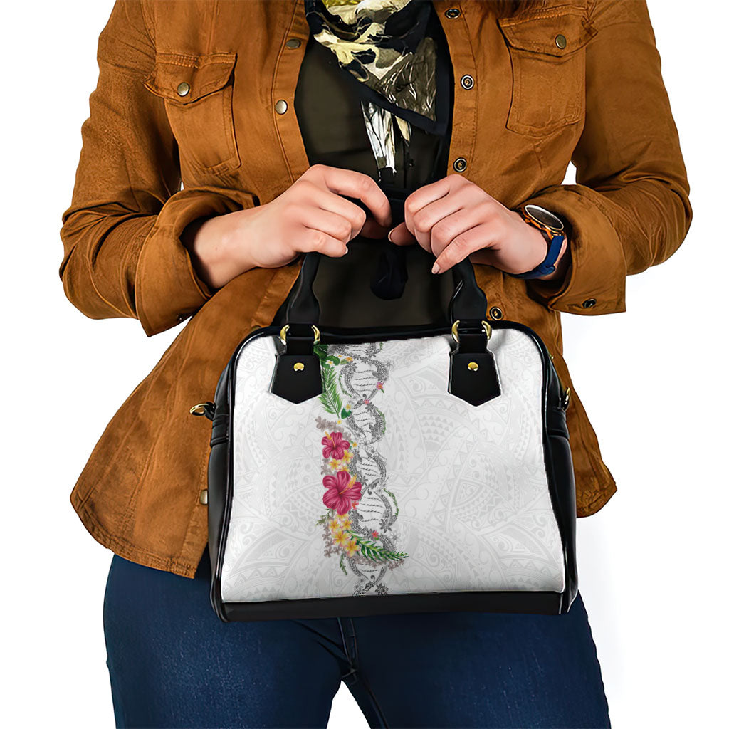 Hawaii DNA Kakau Tattoo Shoulder Handbag with Plumeria and Hibiscus Tropical Plants White Color