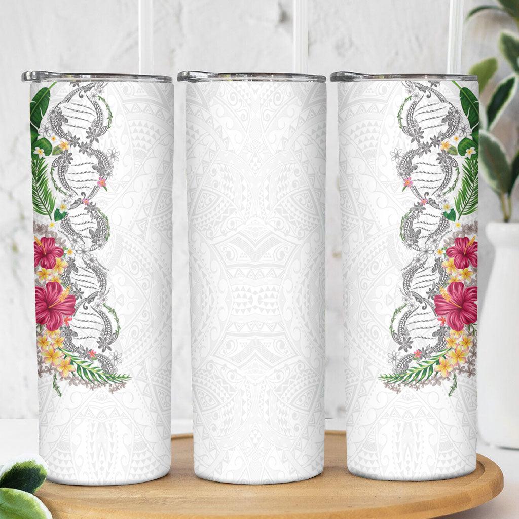 Hawaii DNA Kakau Tattoo Skinny Tumbler with Plumeria and Hibiscus Tropical Plants White Color