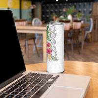 Hawaii DNA Kakau Tattoo Skinny Tumbler with Plumeria and Hibiscus Tropical Plants White Color