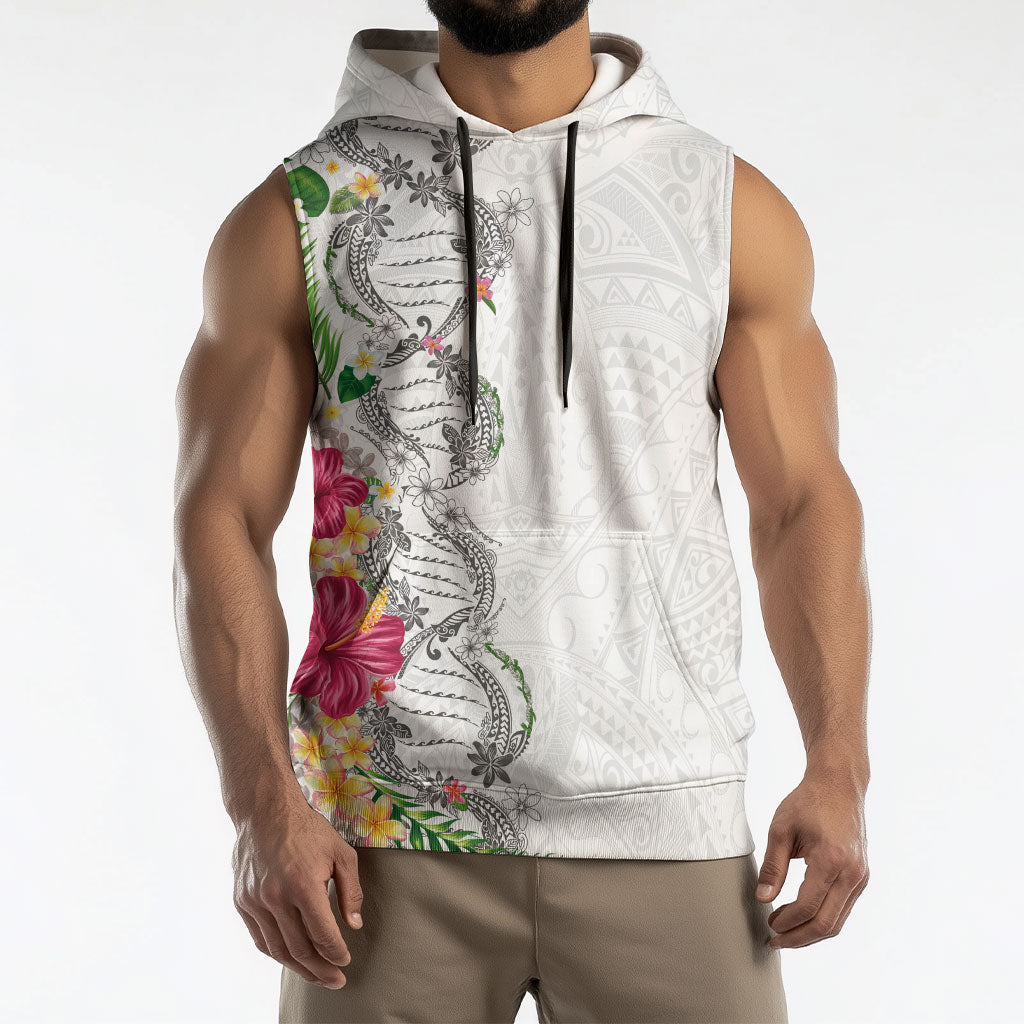 Hawaii DNA Kakau Tattoo Sleeveless Hoodie with Plumeria and Hibiscus Tropical Plants White Color