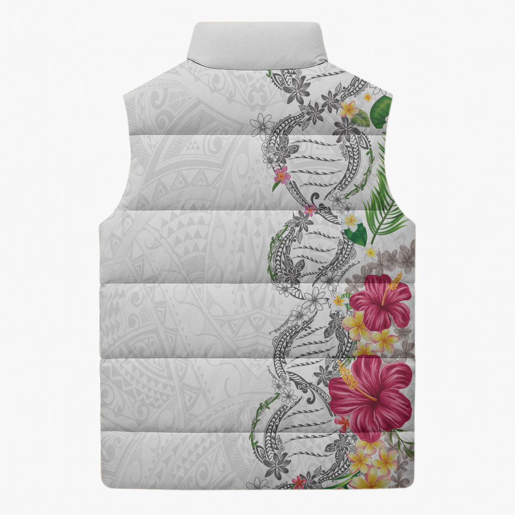 Hawaii DNA Kakau Tattoo Sleeveless Puffer Jacket with Plumeria and Hibiscus Tropical Plants White Color