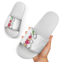 Hawaii DNA Kakau Tattoo Slide Sandals with Plumeria and Hibiscus Tropical Plants White Color