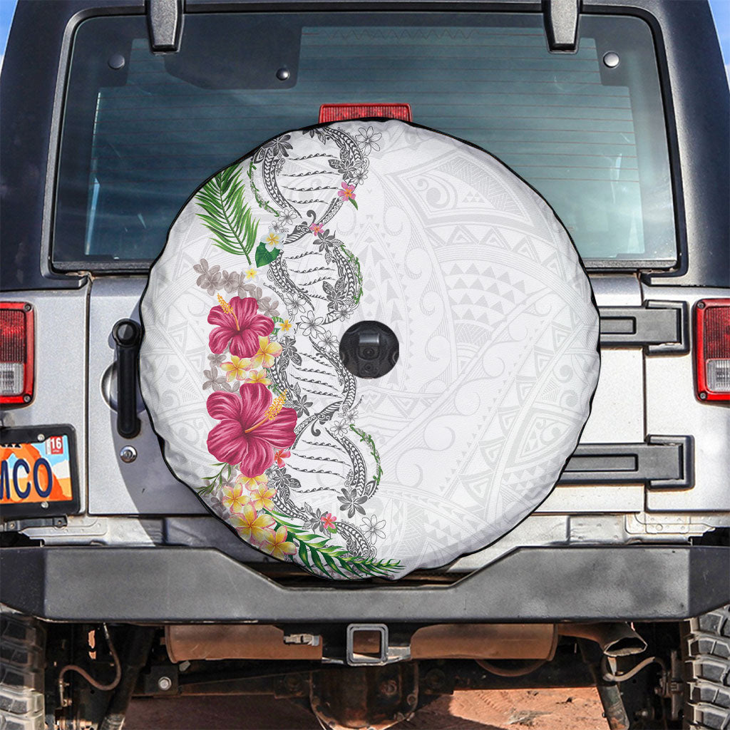 Hawaii DNA Kakau Tattoo Spare Tire Cover with Plumeria and Hibiscus Tropical Plants White Color