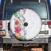 Hawaii DNA Kakau Tattoo Spare Tire Cover with Plumeria and Hibiscus Tropical Plants White Color