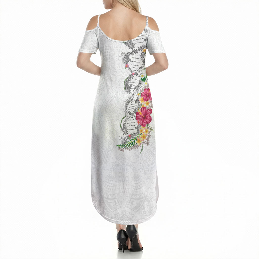 Hawaii DNA Kakau Tattoo Summer Maxi Dress with Plumeria and Hibiscus Tropical Plants White Color