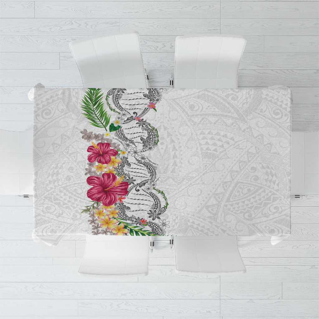 Hawaii DNA Kakau Tattoo Tablecloth with Plumeria and Hibiscus Tropical Plants White Color