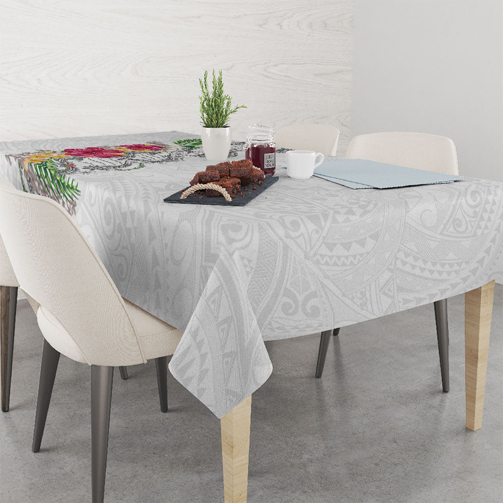 Hawaii DNA Kakau Tattoo Tablecloth with Plumeria and Hibiscus Tropical Plants White Color