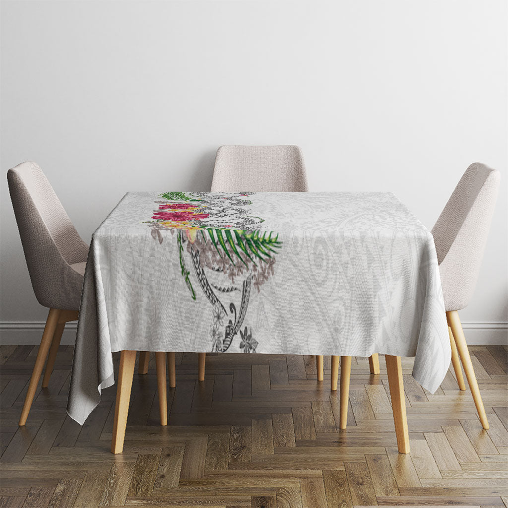 Hawaii DNA Kakau Tattoo Tablecloth with Plumeria and Hibiscus Tropical Plants White Color