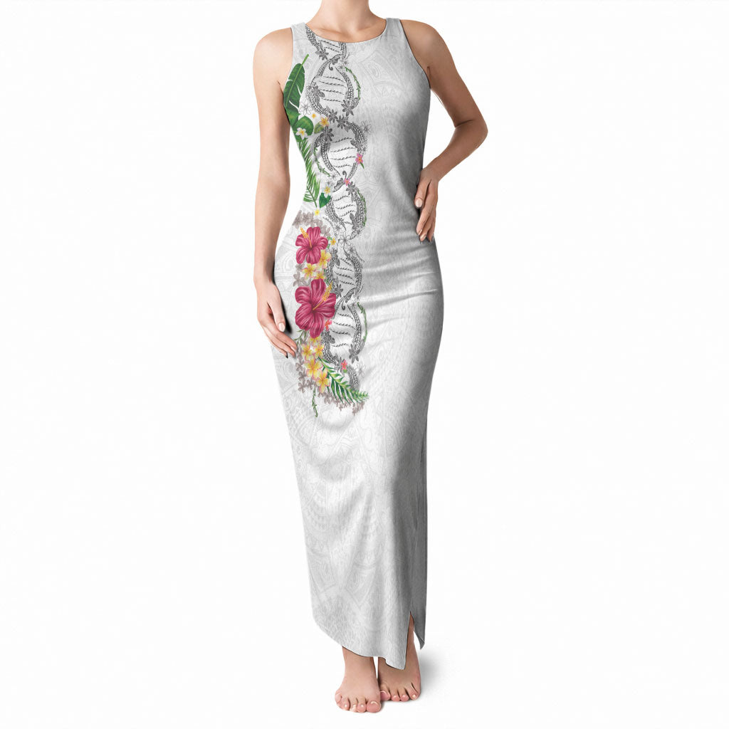 Hawaii DNA Kakau Tattoo Tank Maxi Dress with Plumeria and Hibiscus Tropical Plants White Color