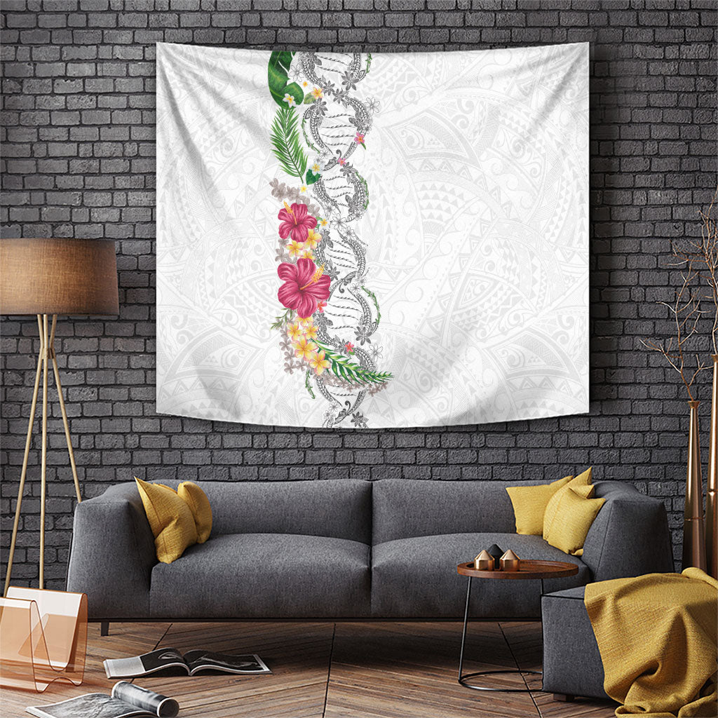 Hawaii DNA Kakau Tattoo Tapestry with Plumeria and Hibiscus Tropical Plants White Color