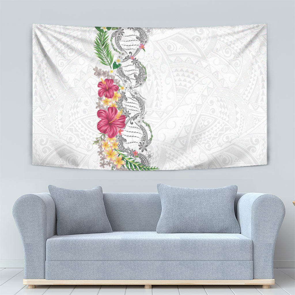 Hawaii DNA Kakau Tattoo Tapestry with Plumeria and Hibiscus Tropical Plants White Color