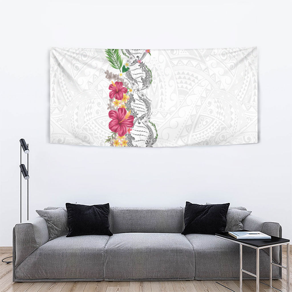 Hawaii DNA Kakau Tattoo Tapestry with Plumeria and Hibiscus Tropical Plants White Color