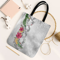 Hawaii DNA Kakau Tattoo Tote Bag with Plumeria and Hibiscus Tropical Plants White Color