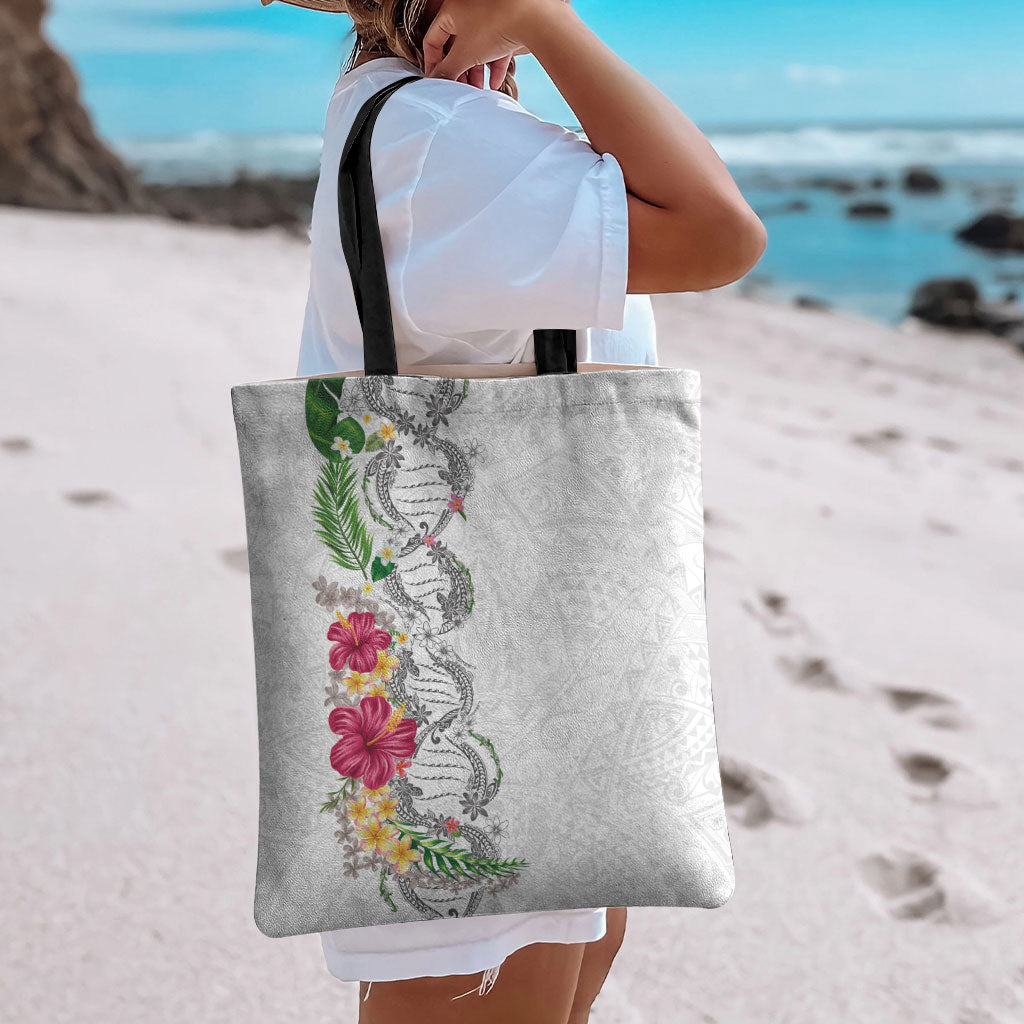 Hawaii DNA Kakau Tattoo Tote Bag with Plumeria and Hibiscus Tropical Plants White Color