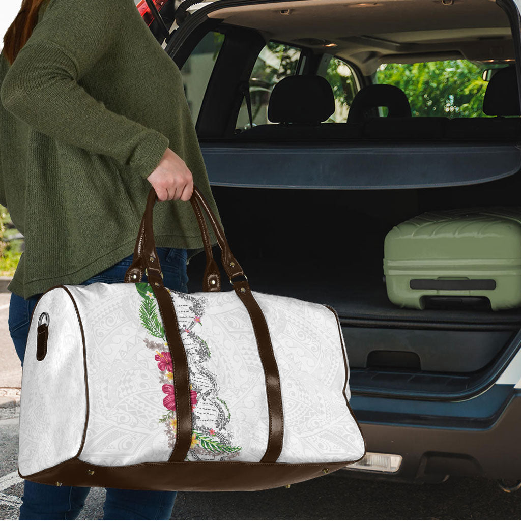 Hawaii DNA Kakau Tattoo Travel Bag with Plumeria and Hibiscus Tropical Plants White Color