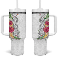 Hawaii DNA Kakau Tattoo Tumbler With Handle with Plumeria and Hibiscus Tropical Plants White Color