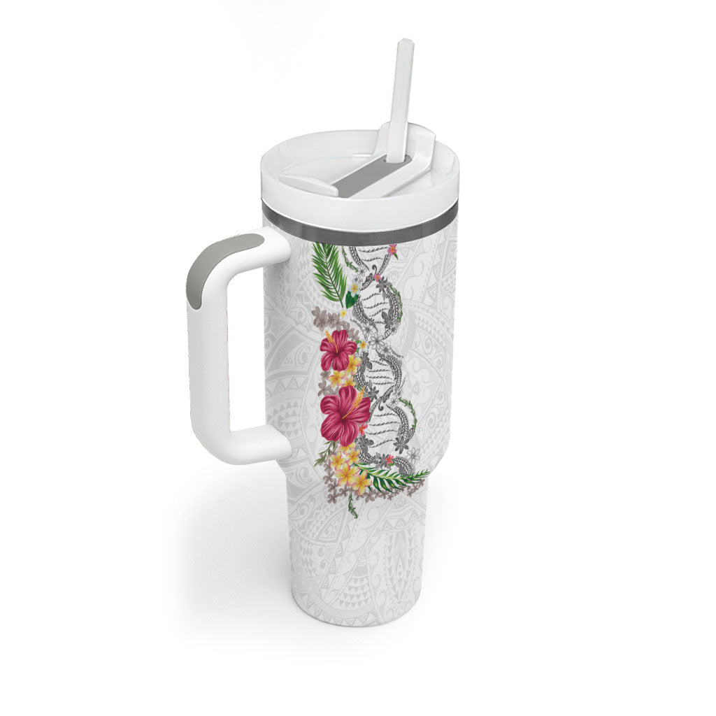 Hawaii DNA Kakau Tattoo Tumbler With Handle with Plumeria and Hibiscus Tropical Plants White Color