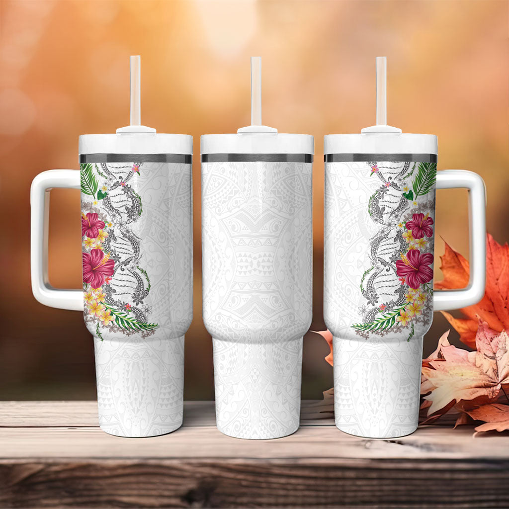 Hawaii DNA Kakau Tattoo Tumbler With Handle with Plumeria and Hibiscus Tropical Plants White Color