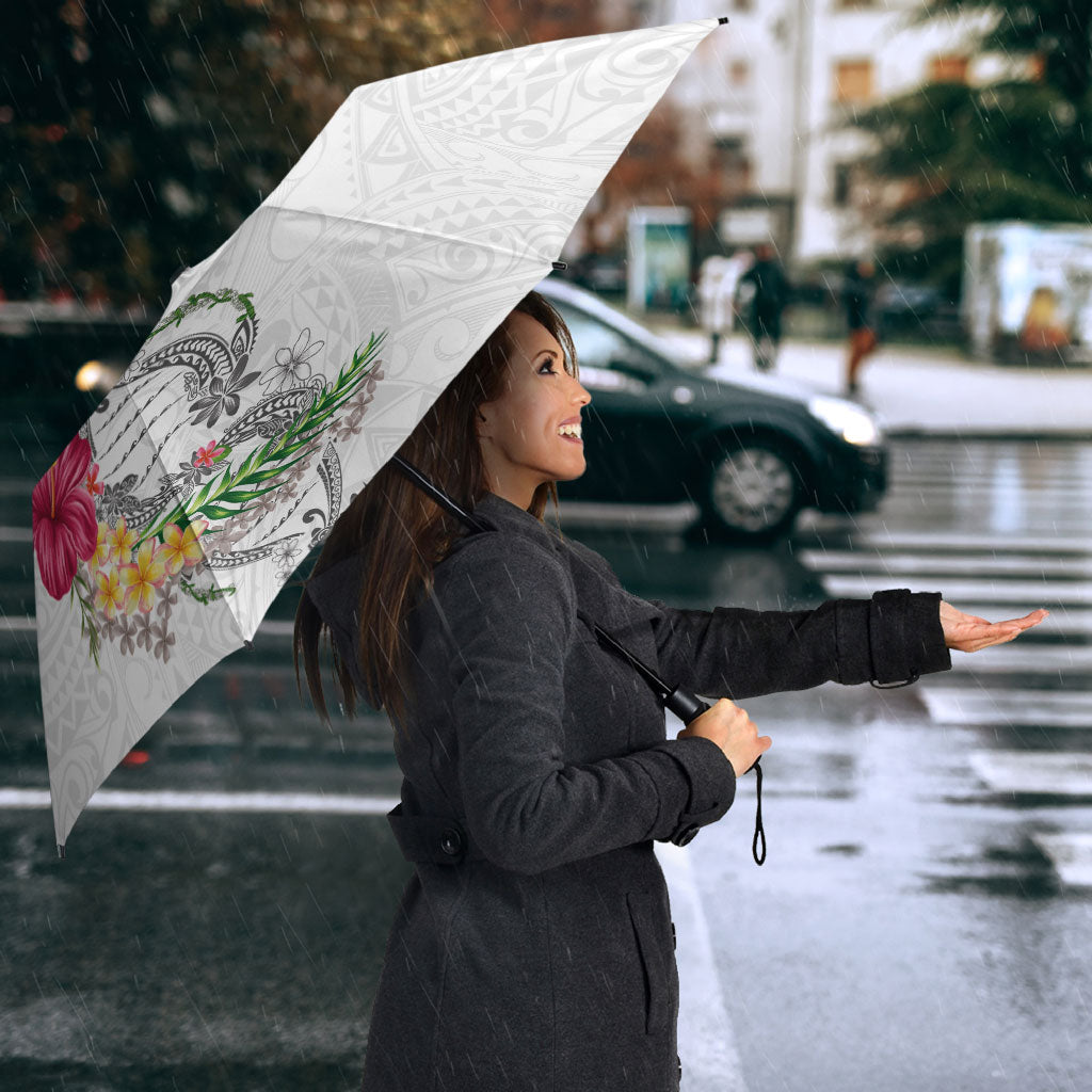 Hawaii DNA Kakau Tattoo Umbrella with Plumeria and Hibiscus Tropical Plants White Color