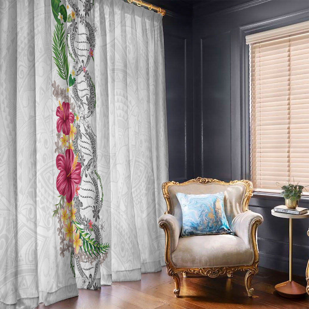 Hawaii DNA Kakau Tattoo Window Curtain with Plumeria and Hibiscus Tropical Plants White Color