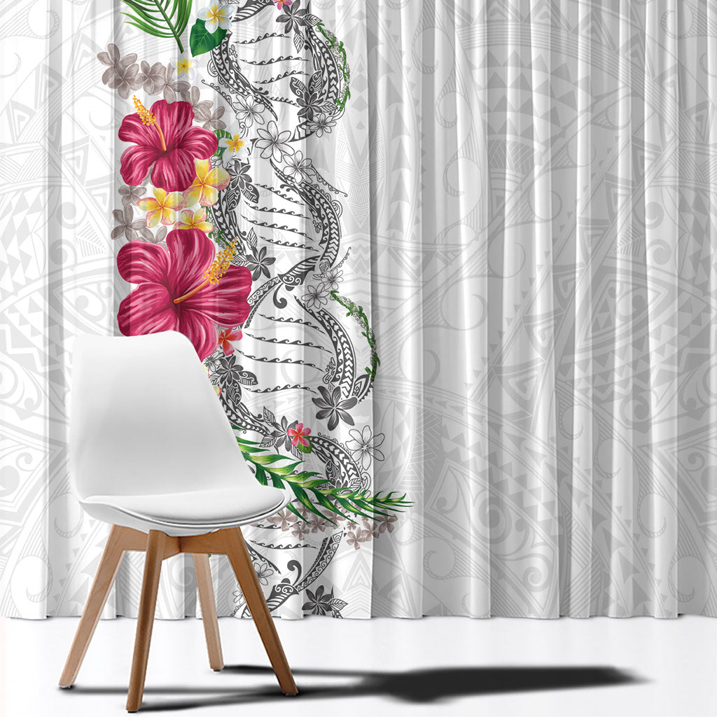Hawaii DNA Kakau Tattoo Window Curtain with Plumeria and Hibiscus Tropical Plants White Color