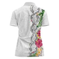 Hawaii DNA Kakau Tattoo Women Polo Shirt with Plumeria and Hibiscus Tropical Plants White Color