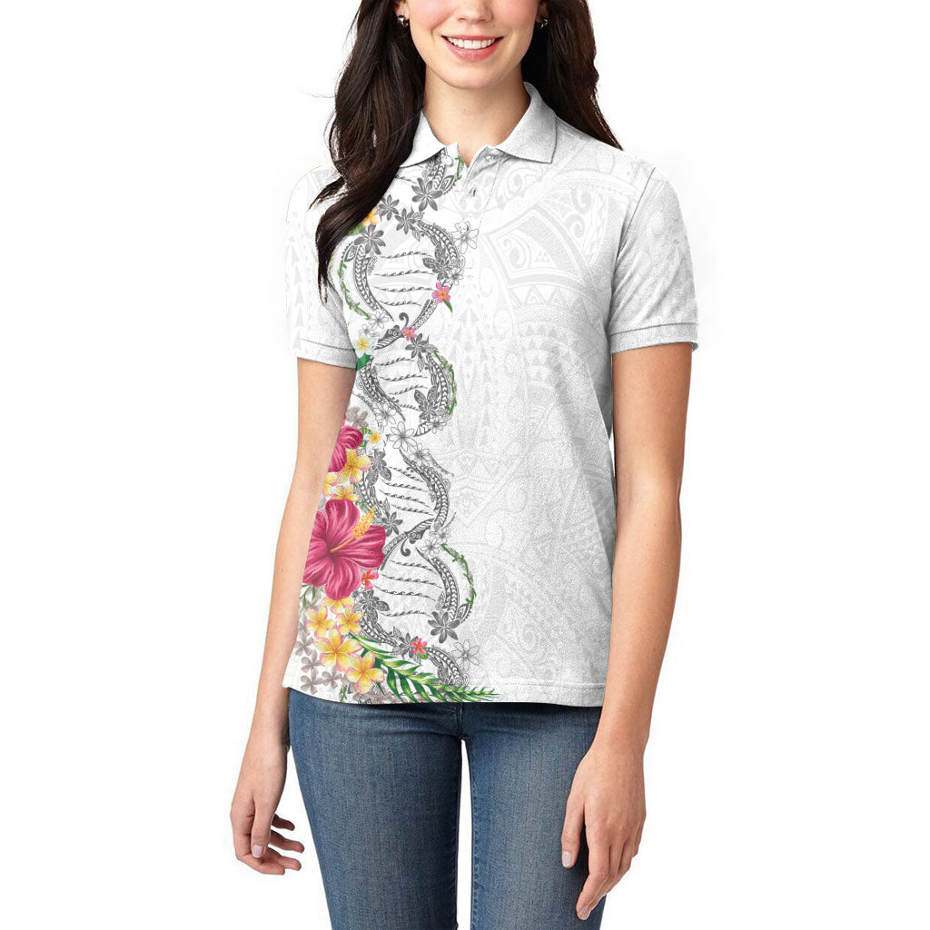 Hawaii DNA Kakau Tattoo Women Polo Shirt with Plumeria and Hibiscus Tropical Plants White Color