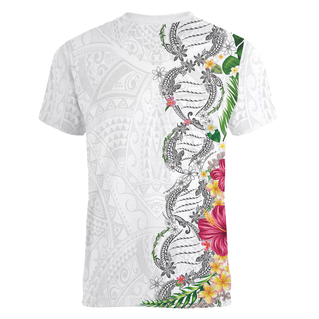 Hawaii DNA Kakau Tattoo Women V-Neck T-Shirt with Plumeria and Hibiscus Tropical Plants White Color
