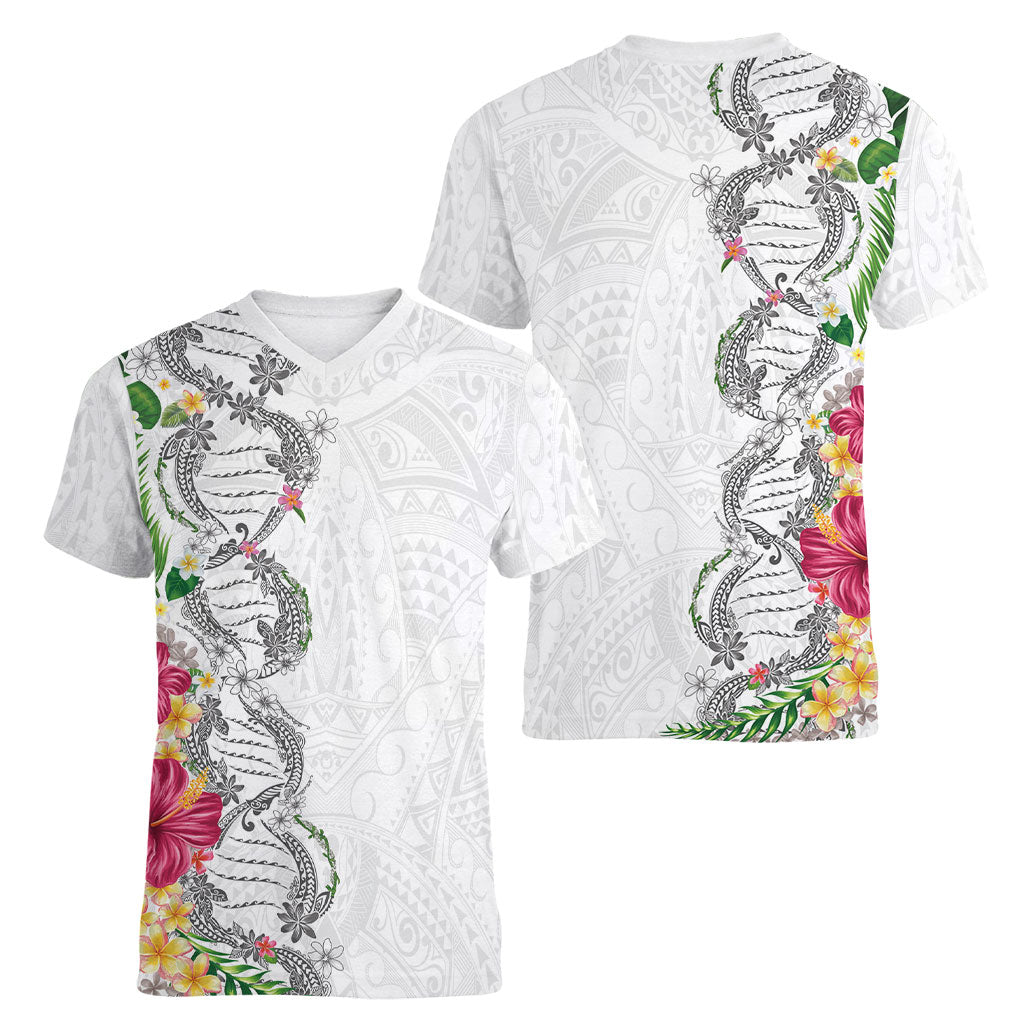 Hawaii DNA Kakau Tattoo Women V-Neck T-Shirt with Plumeria and Hibiscus Tropical Plants White Color