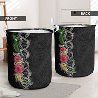 Hawaii DNA Kakau Tattoo Laundry Basket with Plumeria and Hibiscus Tropical Plants Black Color