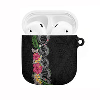 Hawaii DNA Kakau Tattoo AirPods Case with Plumeria and Hibiscus Tropical Plants Black Color